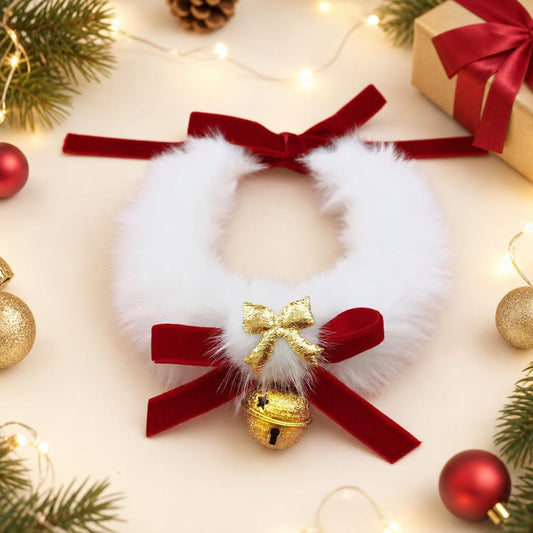 Weihnachtliches Plüschhalsband mit Schleife und Glöckchen