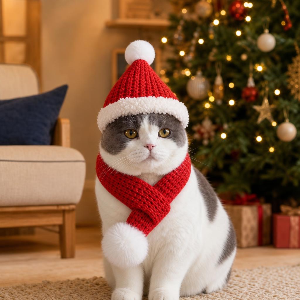 Weihnachtsmütze und Schal für Katzen
